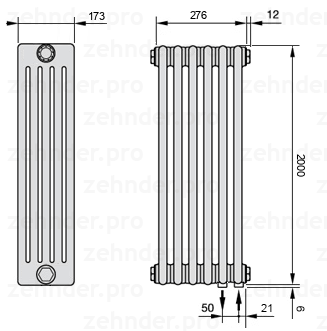 Схема (чертеж) Радиатор Zehnder Charleston 5200/6 №5510 Белый глянцевый RAL 9016